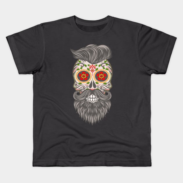Gothic Day Of The Dead - Stars Sugar Skull - Hipster With Beard 1 Kids T-Shirt by EDDArt